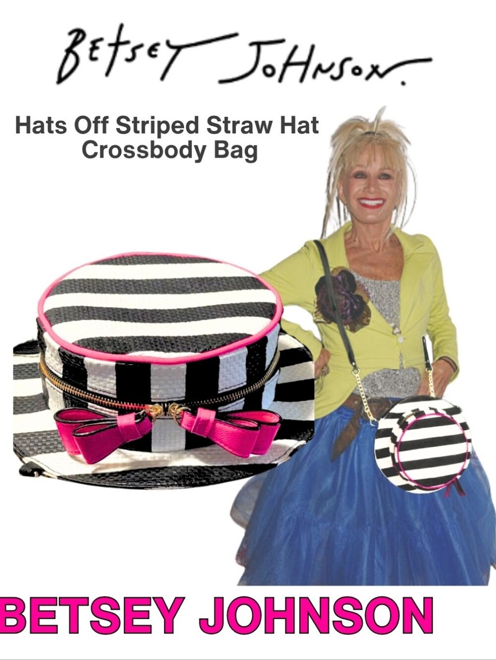 BETSEY JOHNSON Hats Off Collection Striped Black White Crossbody Bag New